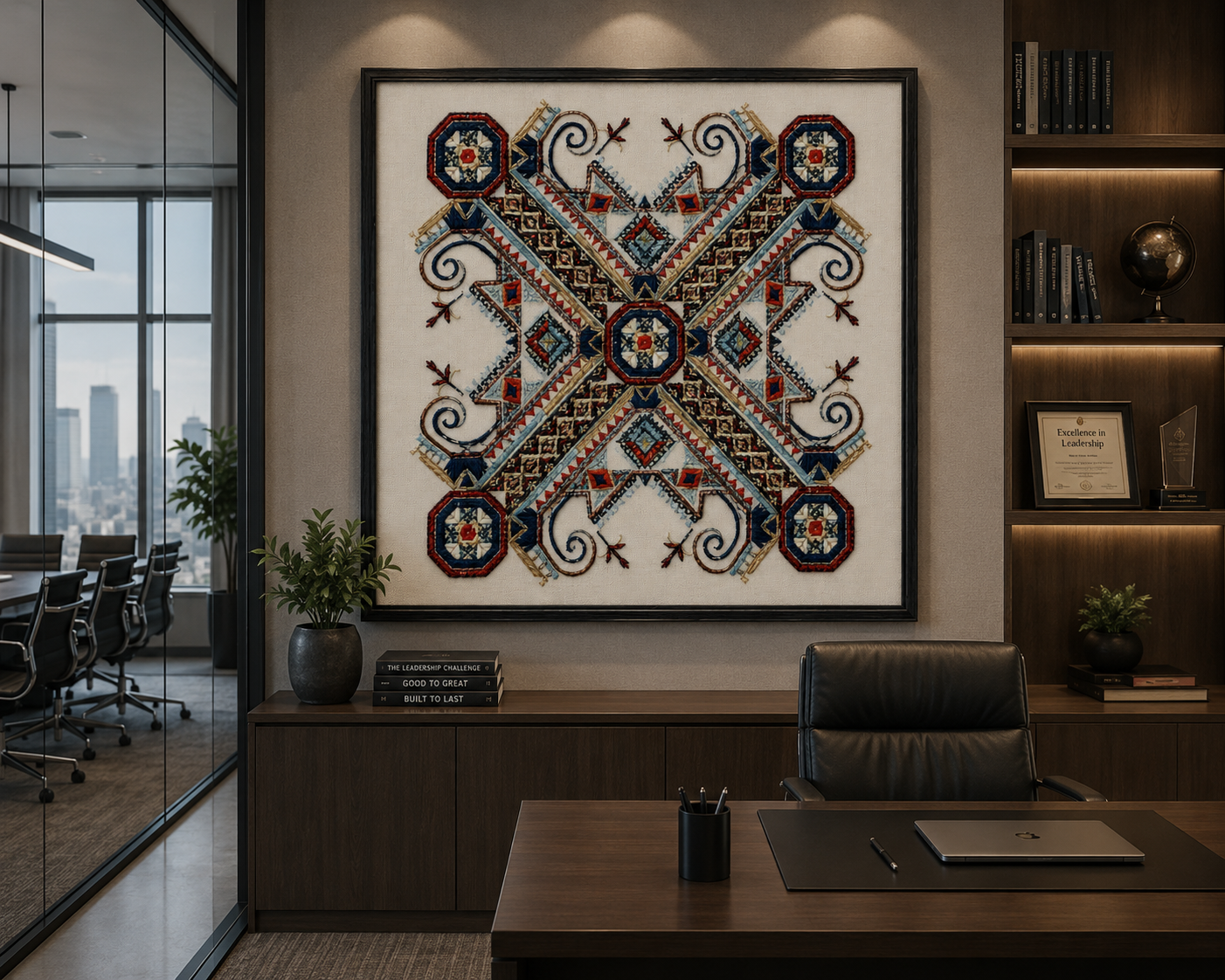 Executive office with geometric textile artwork