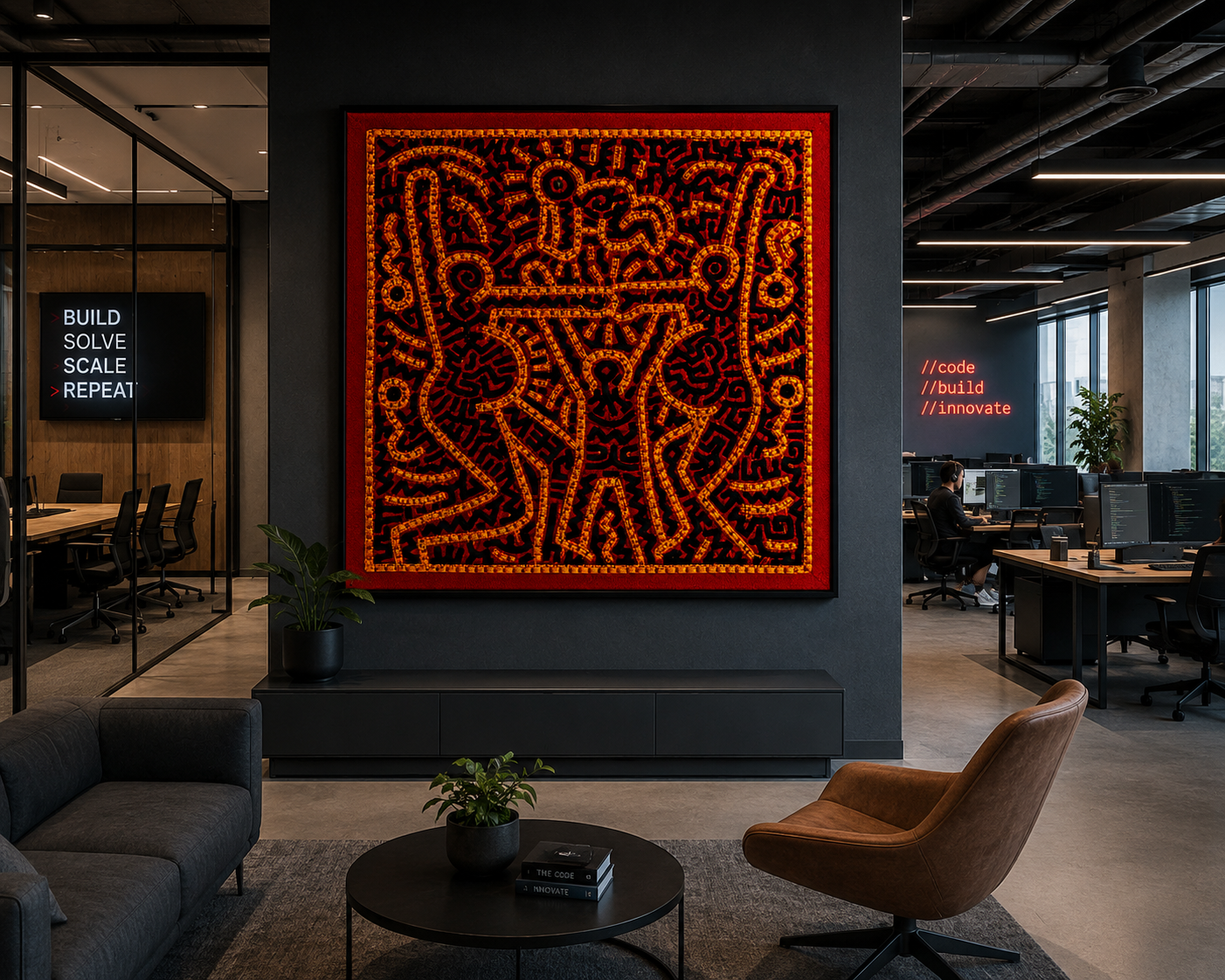Open plan corporate workspace with red textile artwork