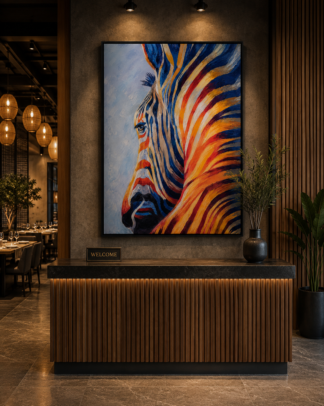 Restaurant reception wall with bold zebra artwork