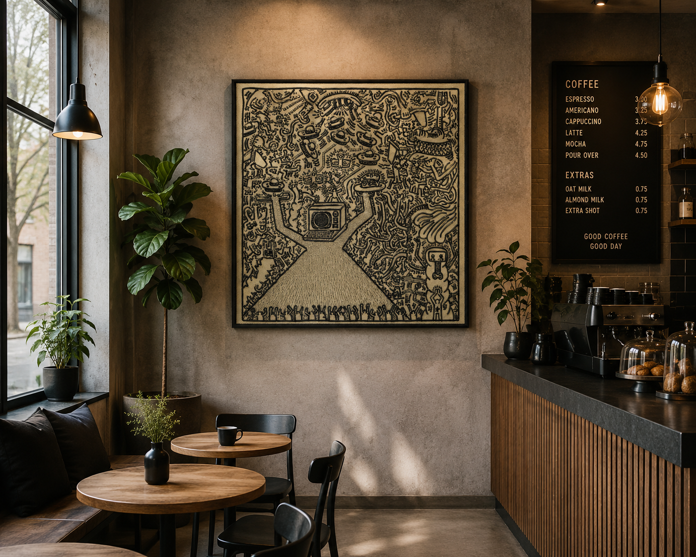 Modern coffee shop featuring contemporary textile artwork