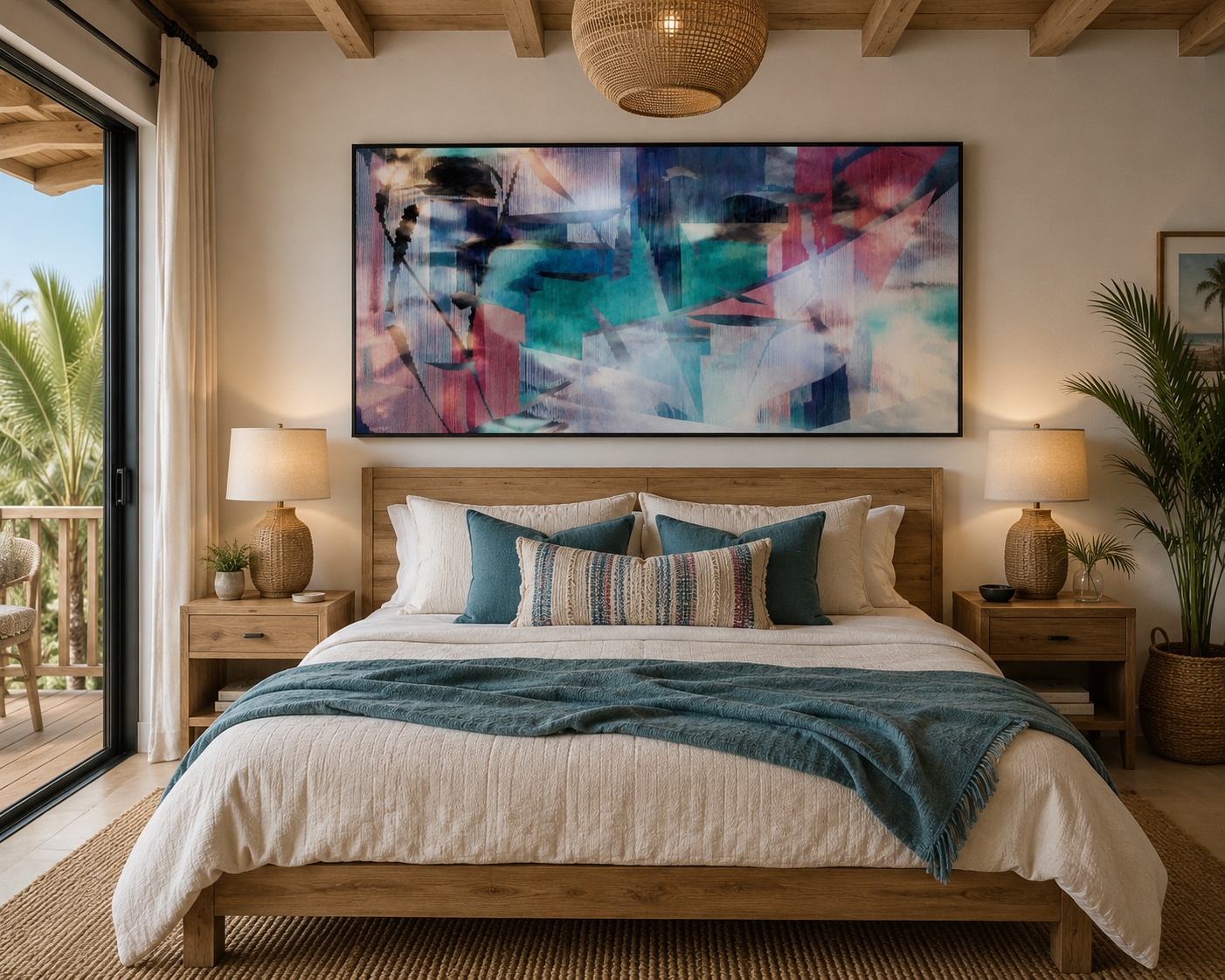Vacation rental bedroom featuring Maison Rivu abstract textile art