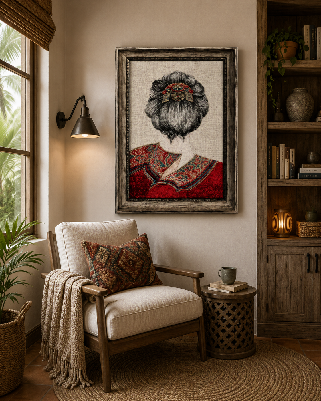 Vacation rental reading area featuring portrait textile artwork